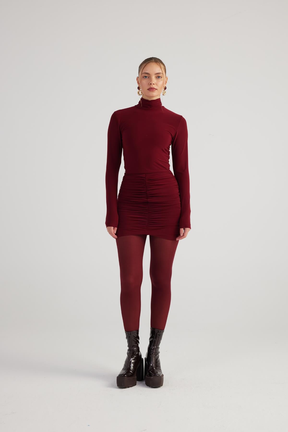 Image of Balıkçı Yaka Büzgülü Mini Tami Elbise Bordo