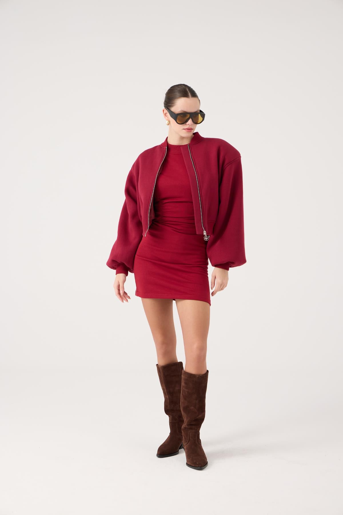 Image of Crop Kesim Vatkalı Parker Bomber Ceket Bordo