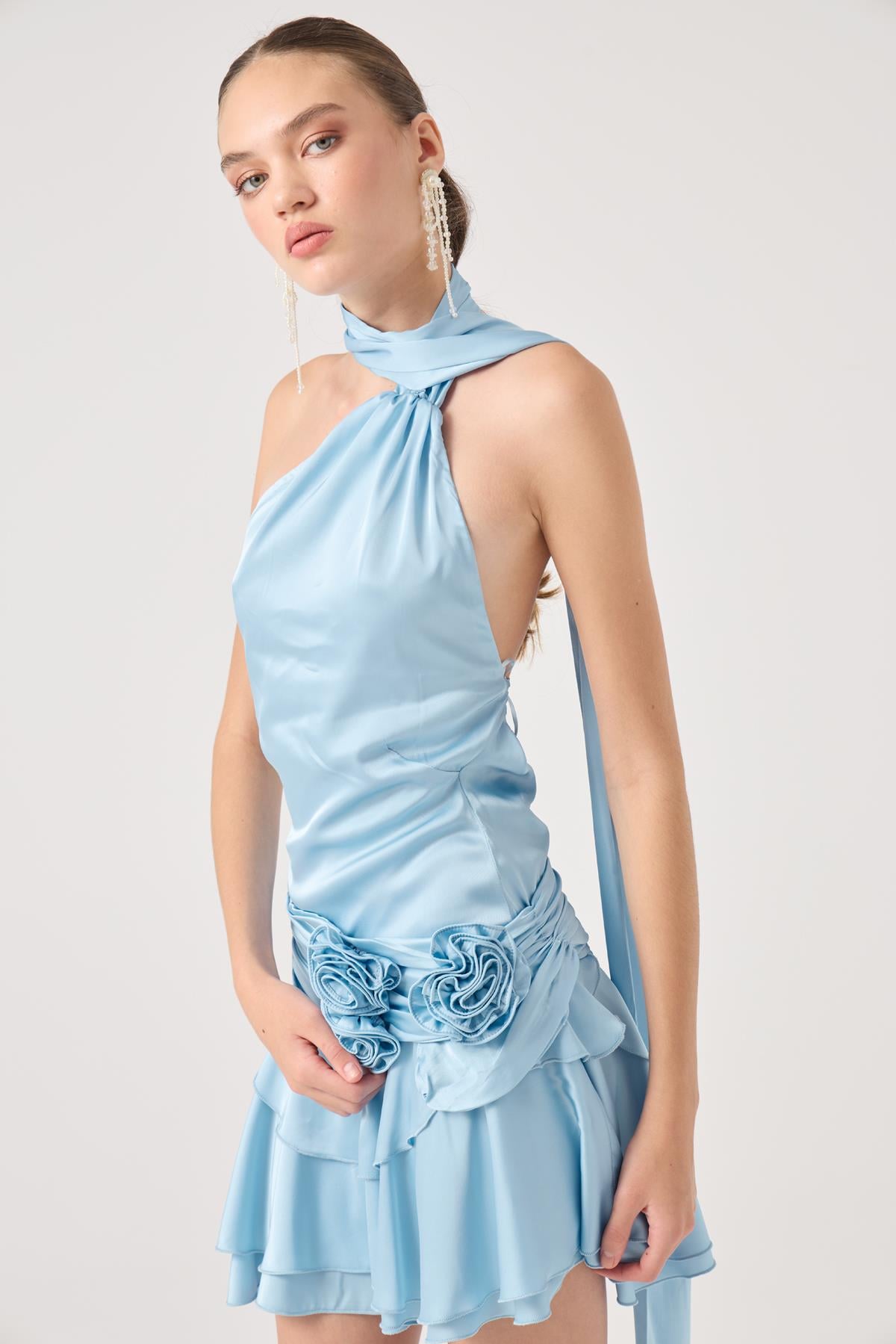 Image of Kemerli Mini Saten Giana Elbise Mavi
