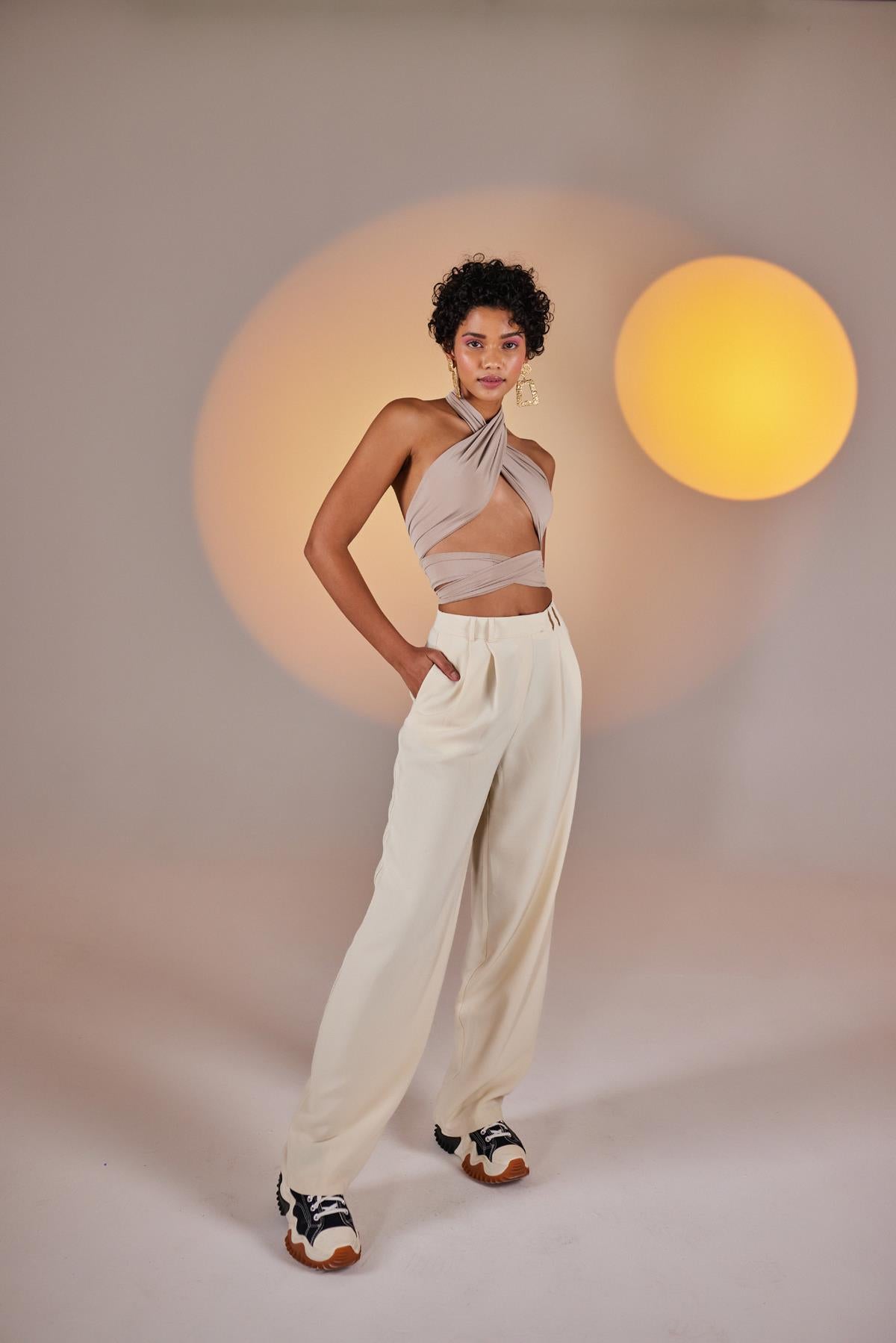 Image of Crop Model Wrap Top Bej