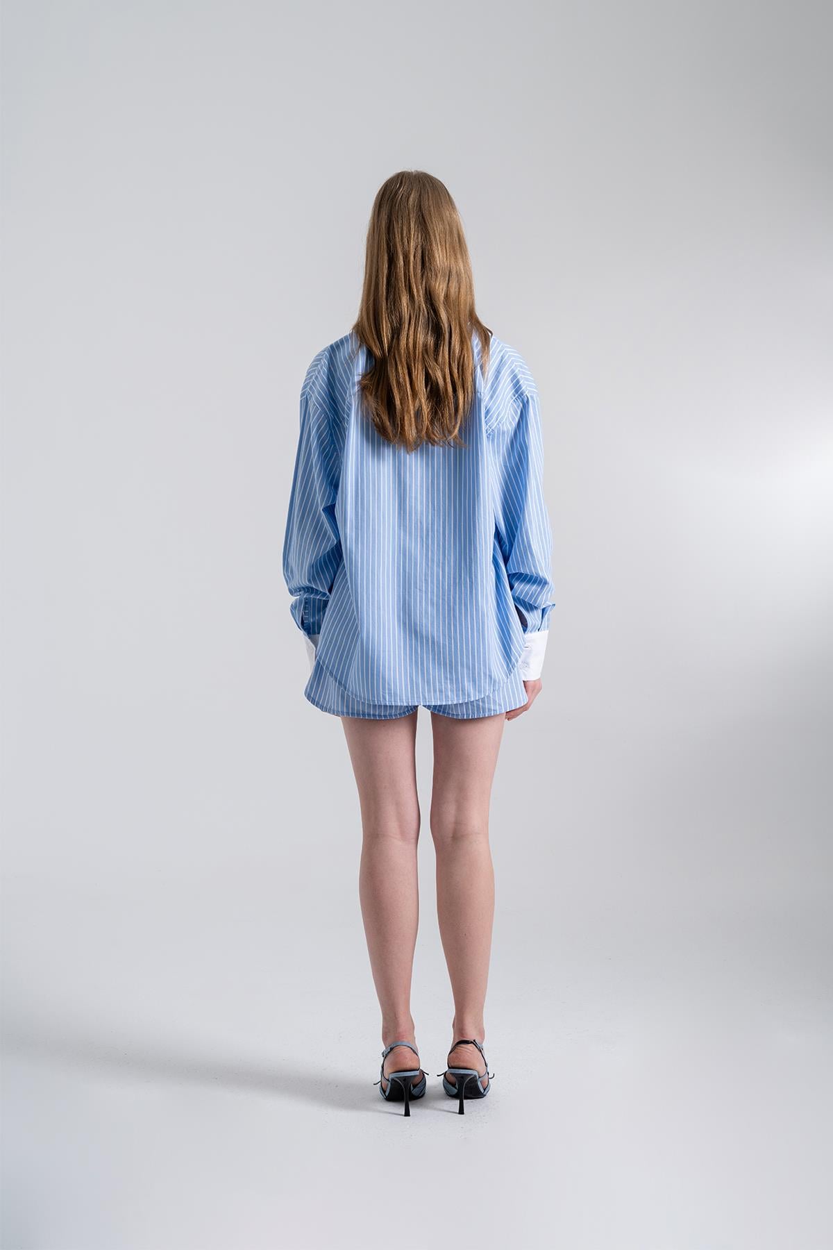 Image of Oversize Kesim Çizgili Harmony Poplin Gömlek Mavi