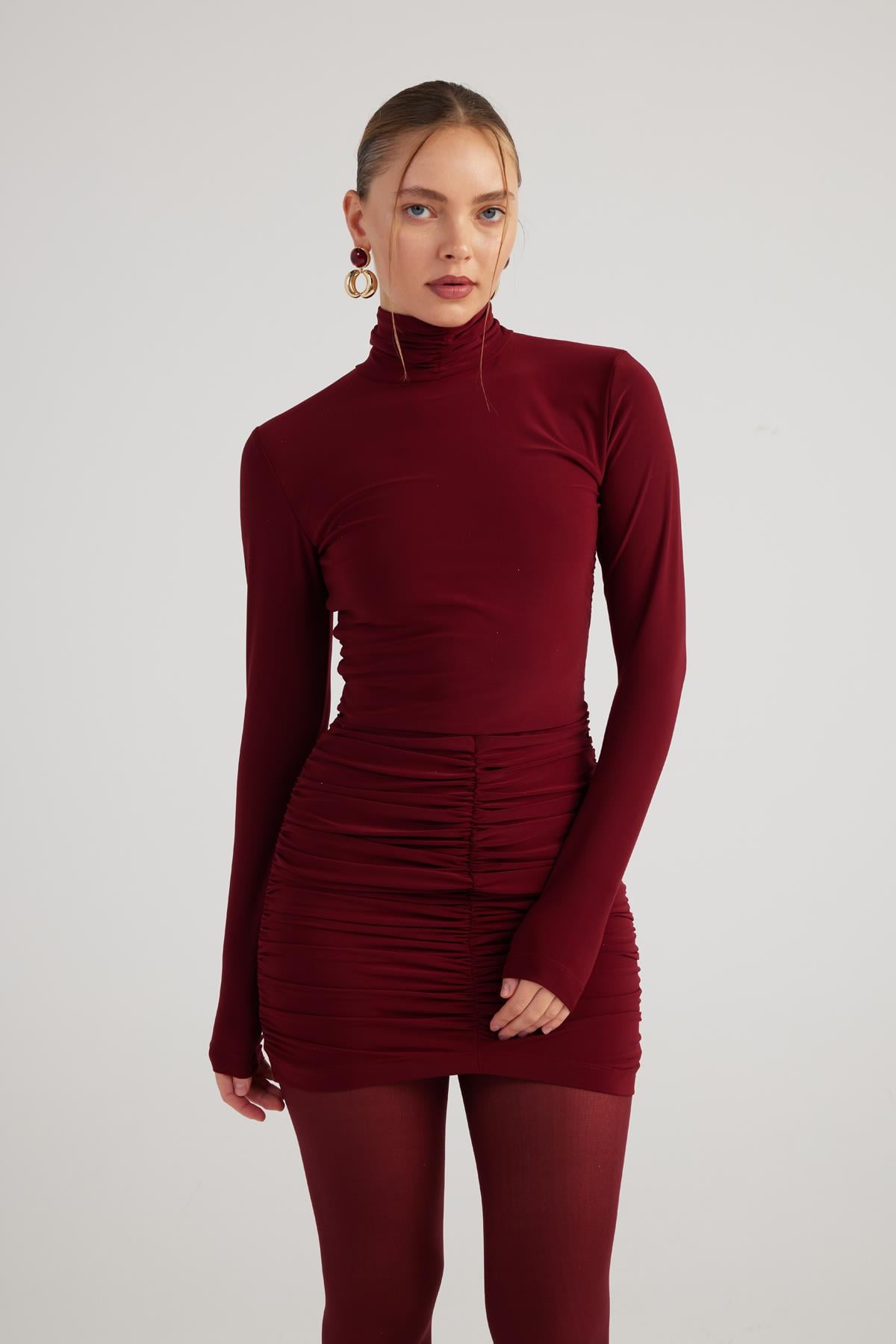 Image of Balıkçı Yaka Büzgülü Mini Tami Elbise Bordo