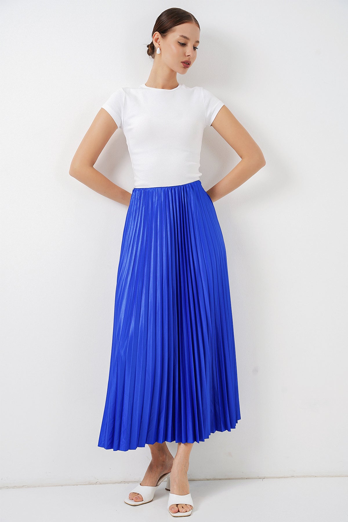 Image of 8009 Leather-Look Pleated Skirt - Navy Blue