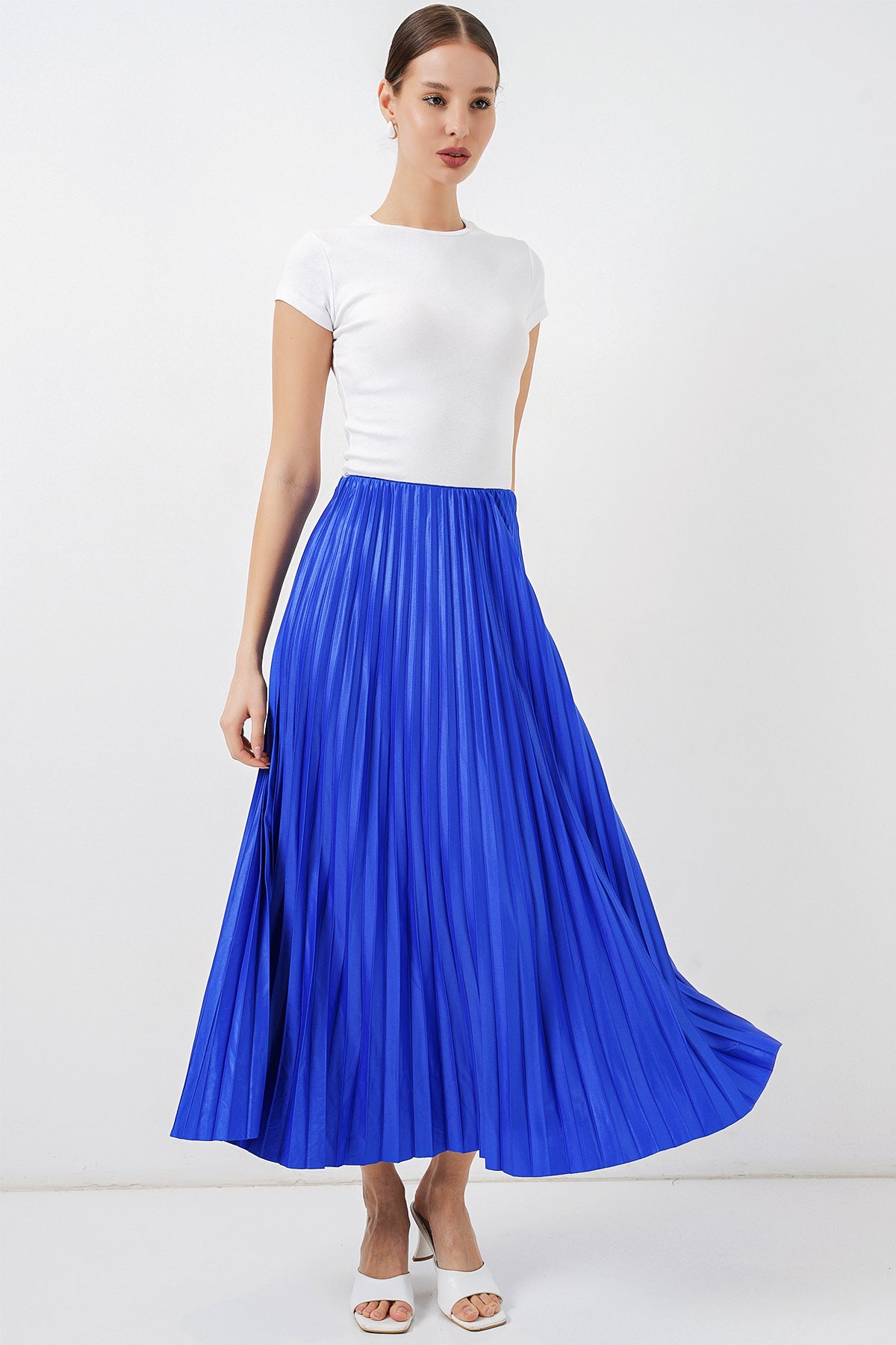 Image of 8009 Leather-Look Pleated Skirt - Navy Blue