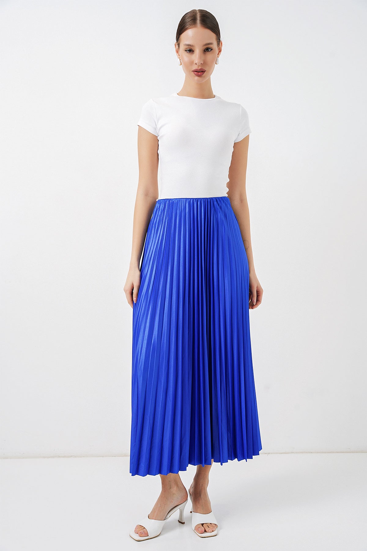 Image of 8009 Leather-Look Pleated Skirt - Navy Blue