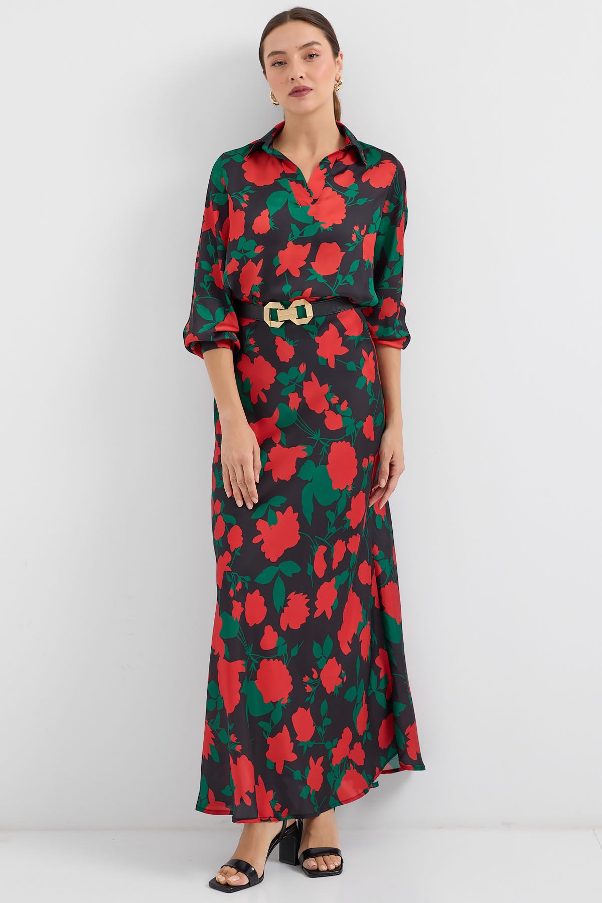 Image of Women's Black and Red Patterned Satin Two-Piece Set 8018