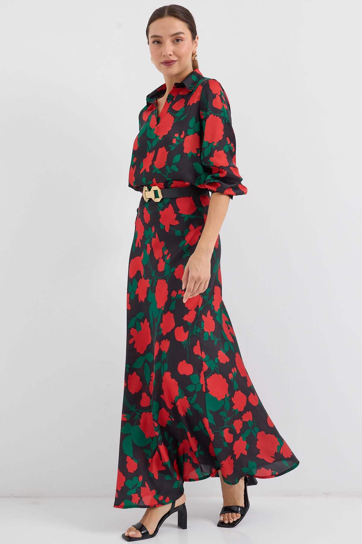 Image of Women's Black and Red Patterned Satin Two-Piece Set 8018