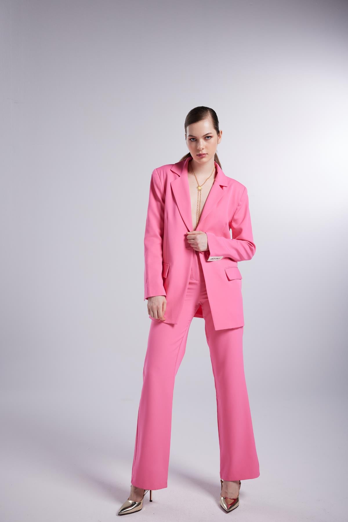 Image of Yüksek Bel Düğme Kapamalı Panky Pantolon Pembe