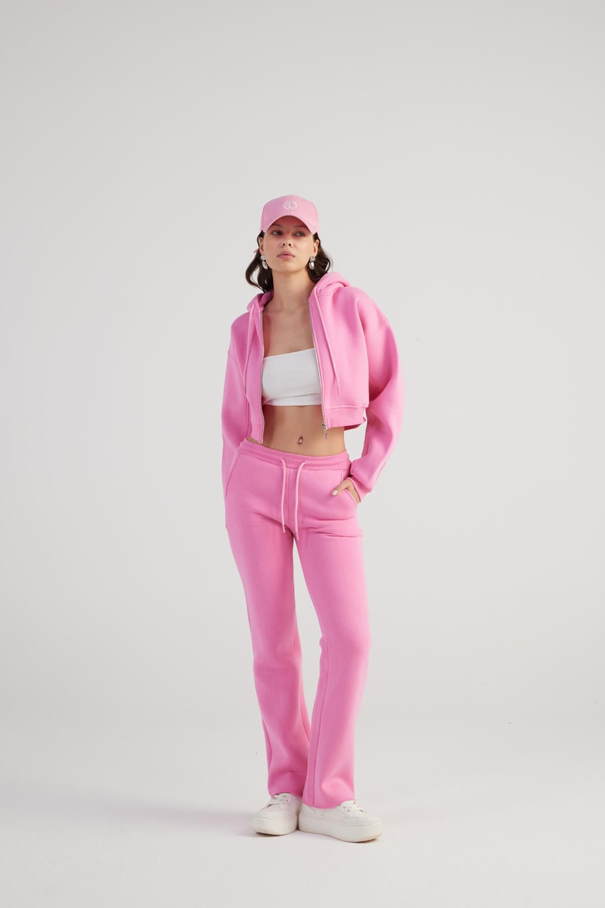 Image of Kadın Pembe Yüksek Bel Straight Kesim Şardonlu Mixed Eşofman Altı