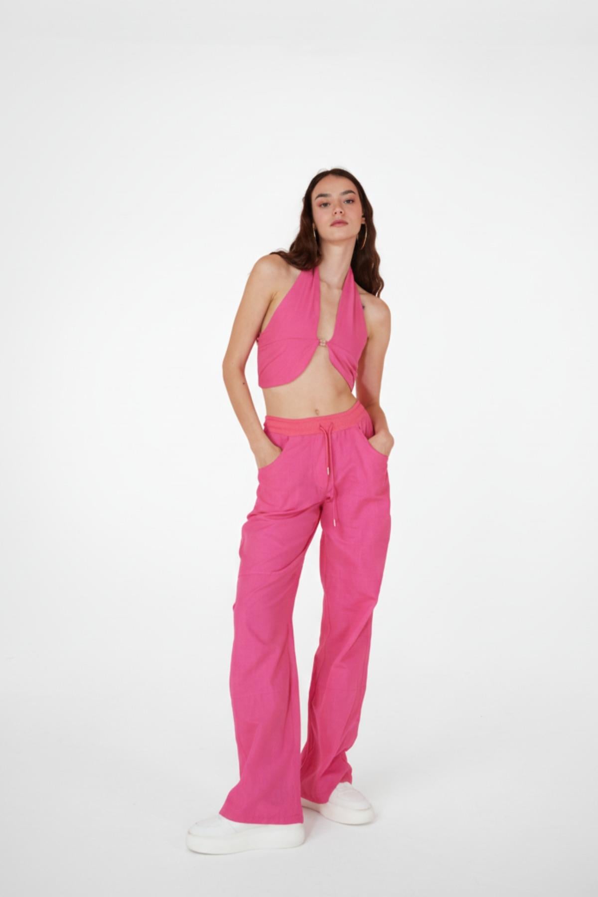 Image of Koton Kumaş Kayışlı Bol Kesim Rise Pantolon Pembe