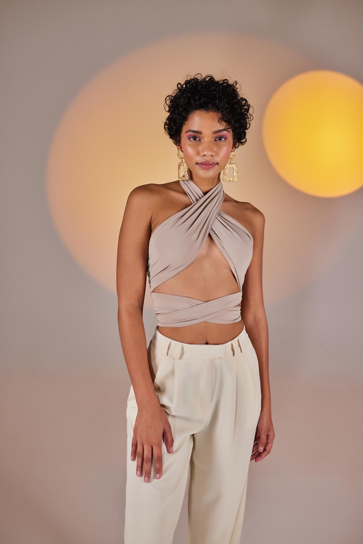 Image of Crop Model Wrap Top Bej