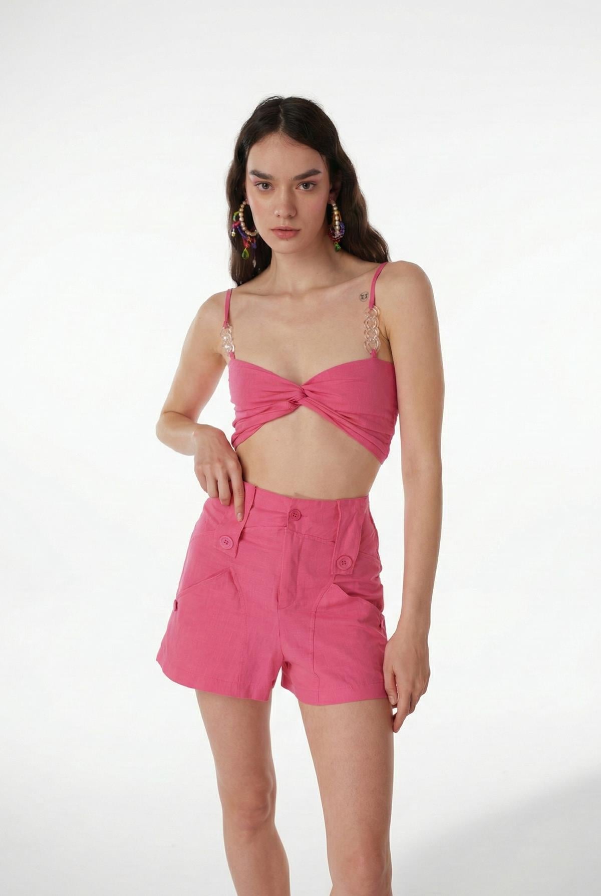 Image of Koton Kumaş Şeffaf Rise Zincir Detaylı Bluz Pembe