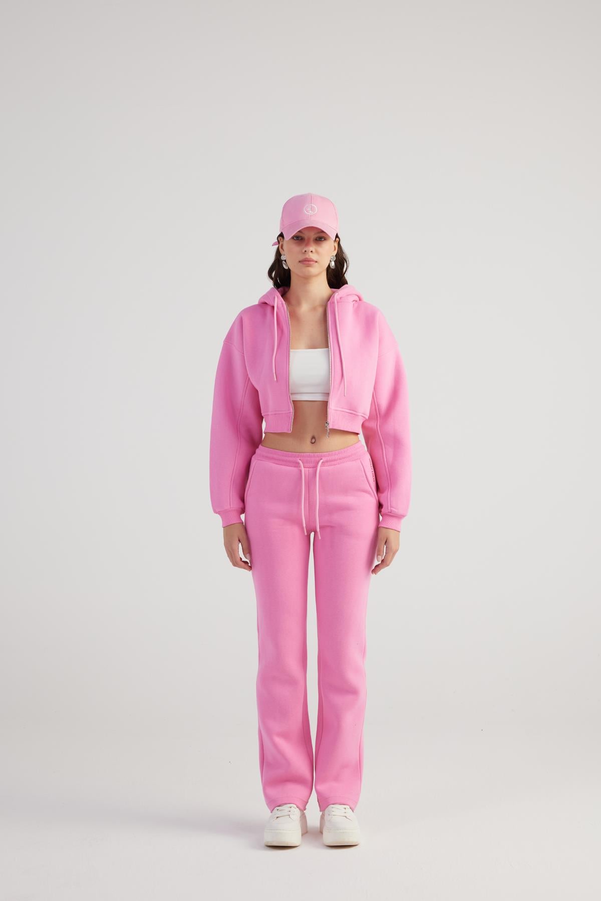 Image of Kadın Pembe Yüksek Bel Straight Kesim Şardonlu Mixed Eşofman Altı