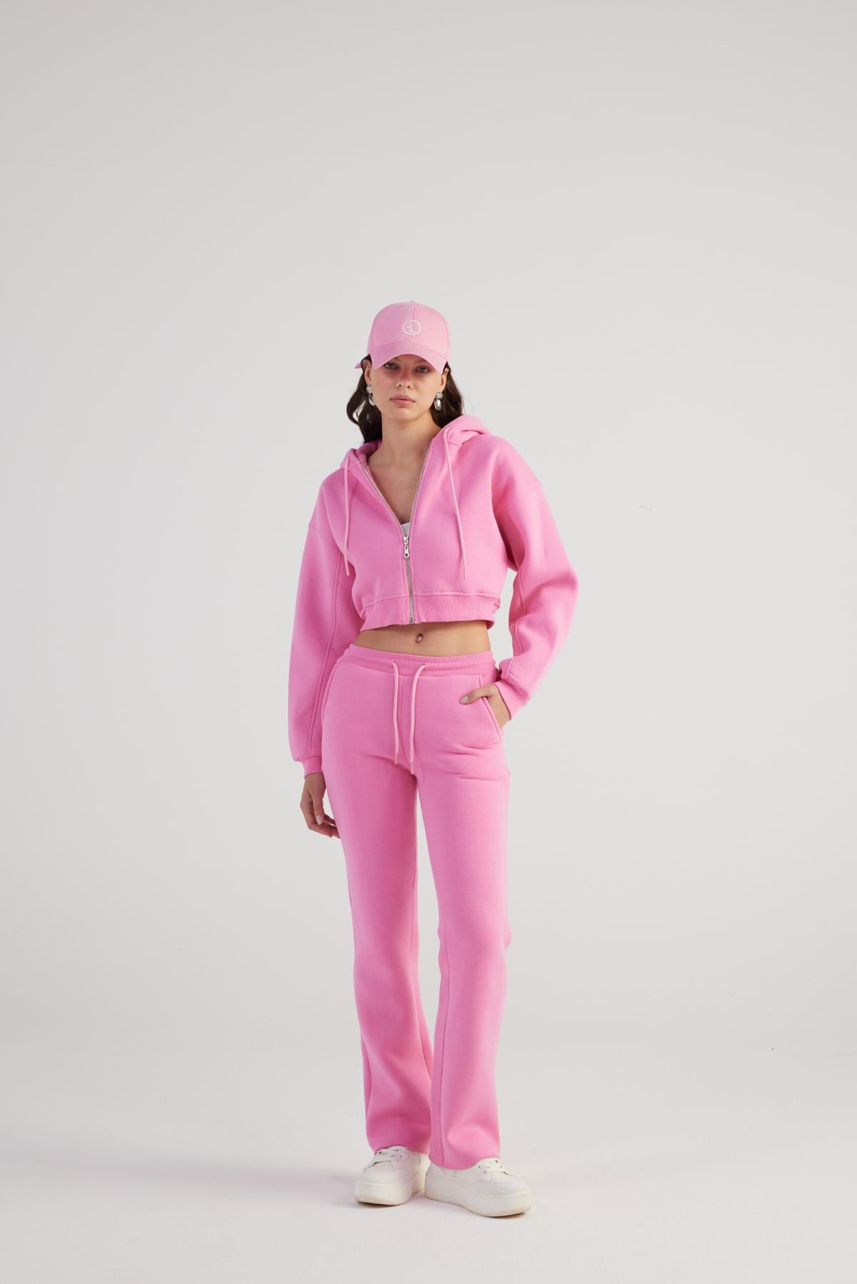 Image of Kadın Pembe Yüksek Bel Straight Kesim Şardonlu Mixed Eşofman Altı