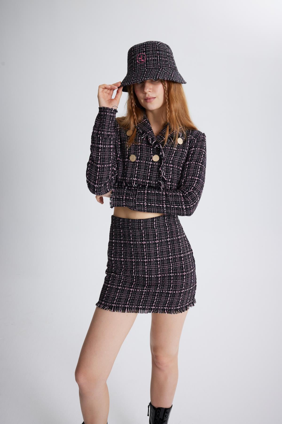 Image of Tüvit Kumaş Logolu Bucket Tweed Şapka Siyah