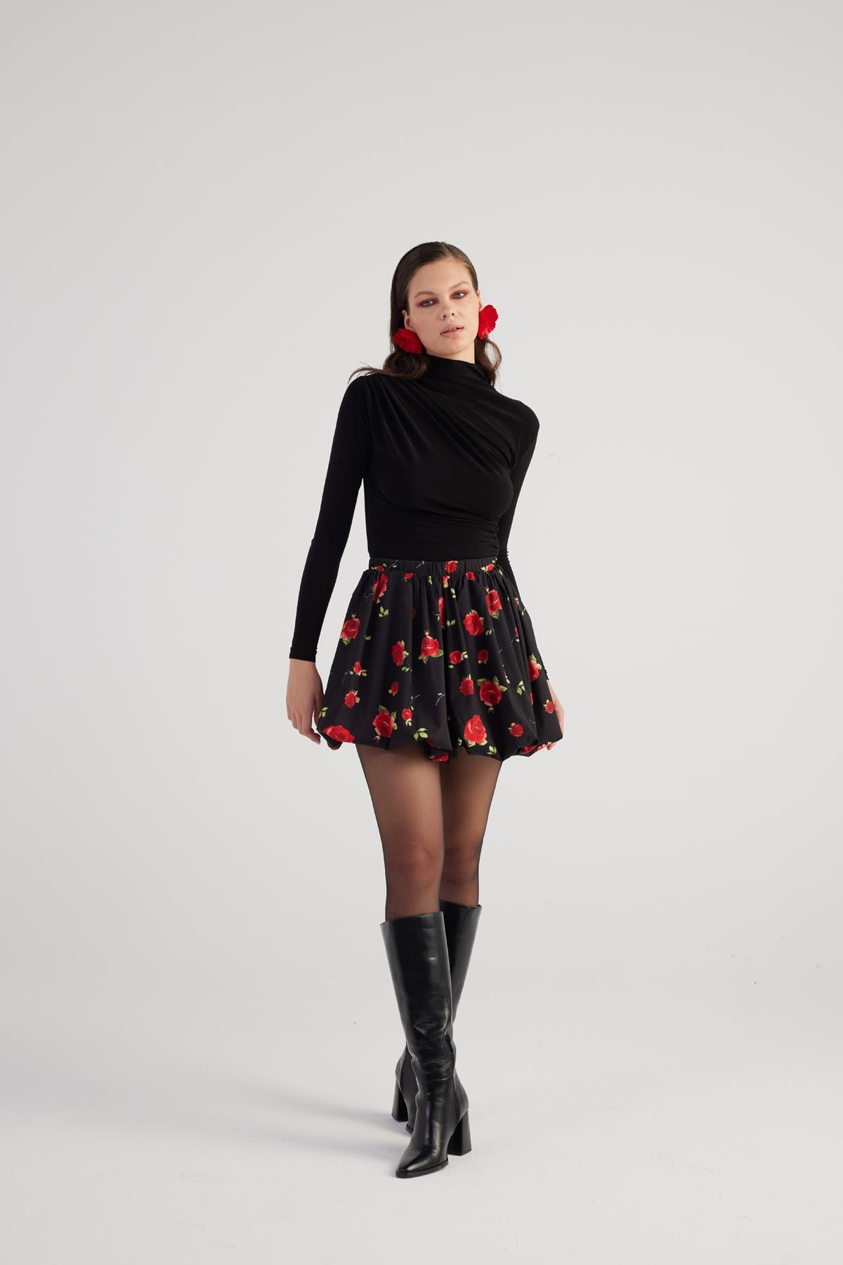 Image of Balon Model Gül Desenli Mini Donna Etek Siyah