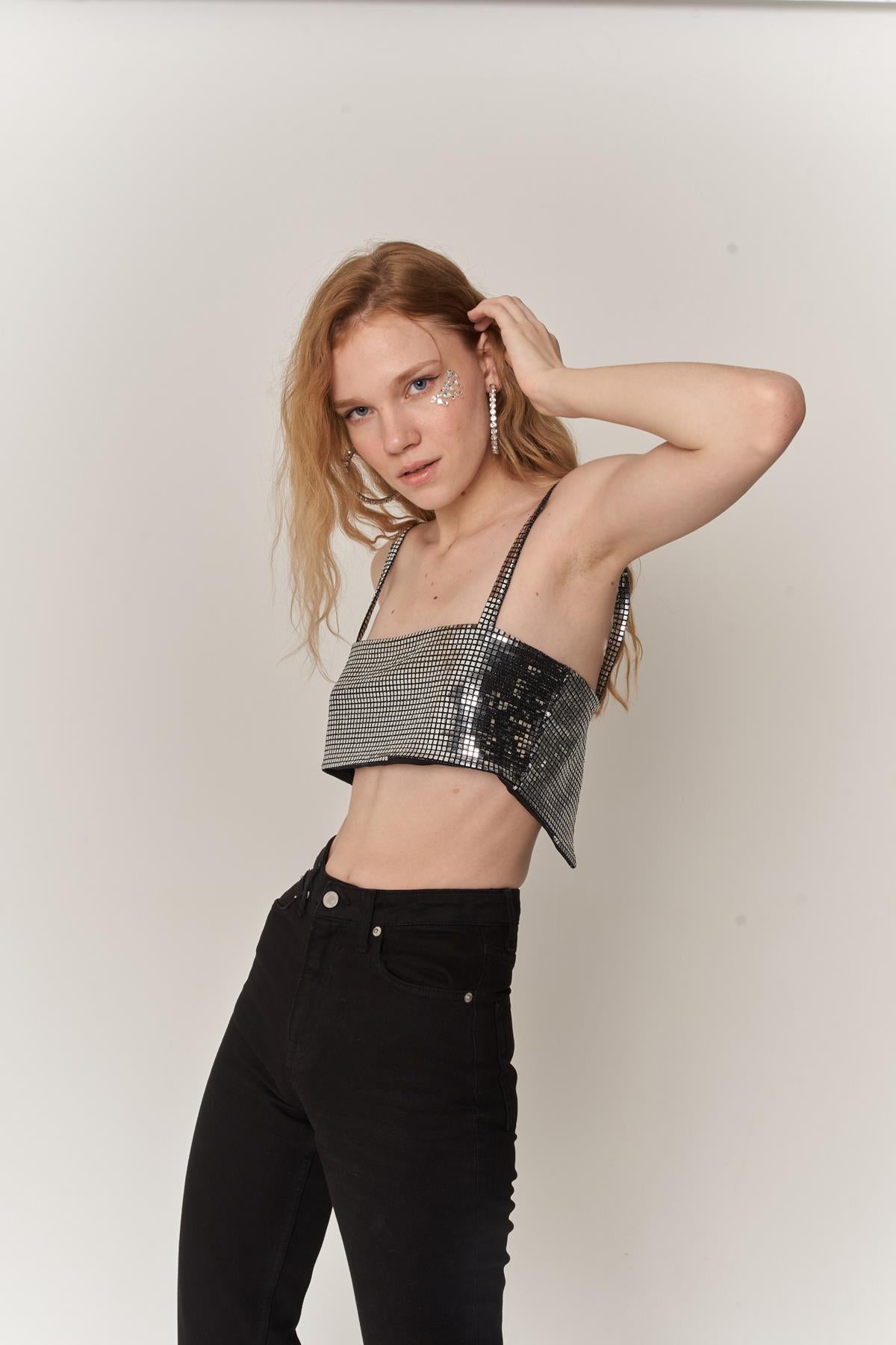 Image of Straplez Askılı Glammy Crop Gümüş