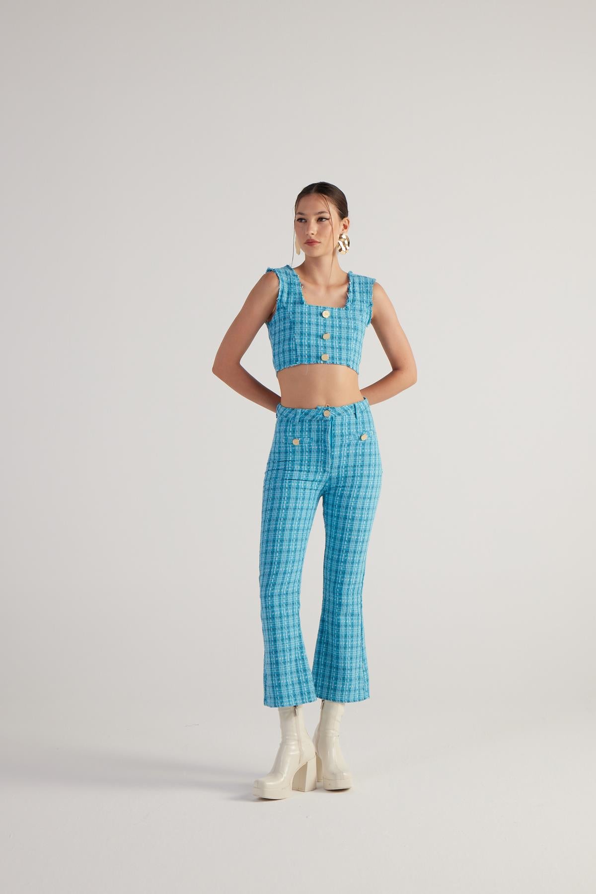 Image of İspanyol Kesim Tüvit Tweed Pantolon Mavi