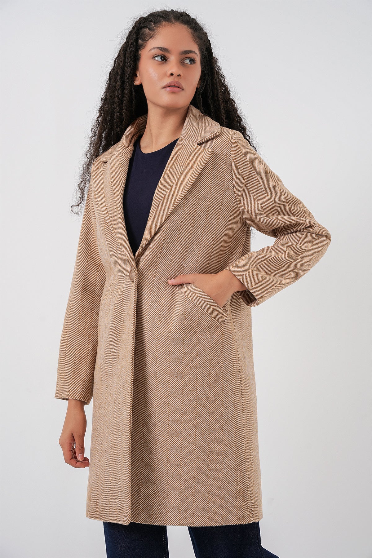 Image of 9085 Herringbone Pattern Cashmere Coat - Camel
