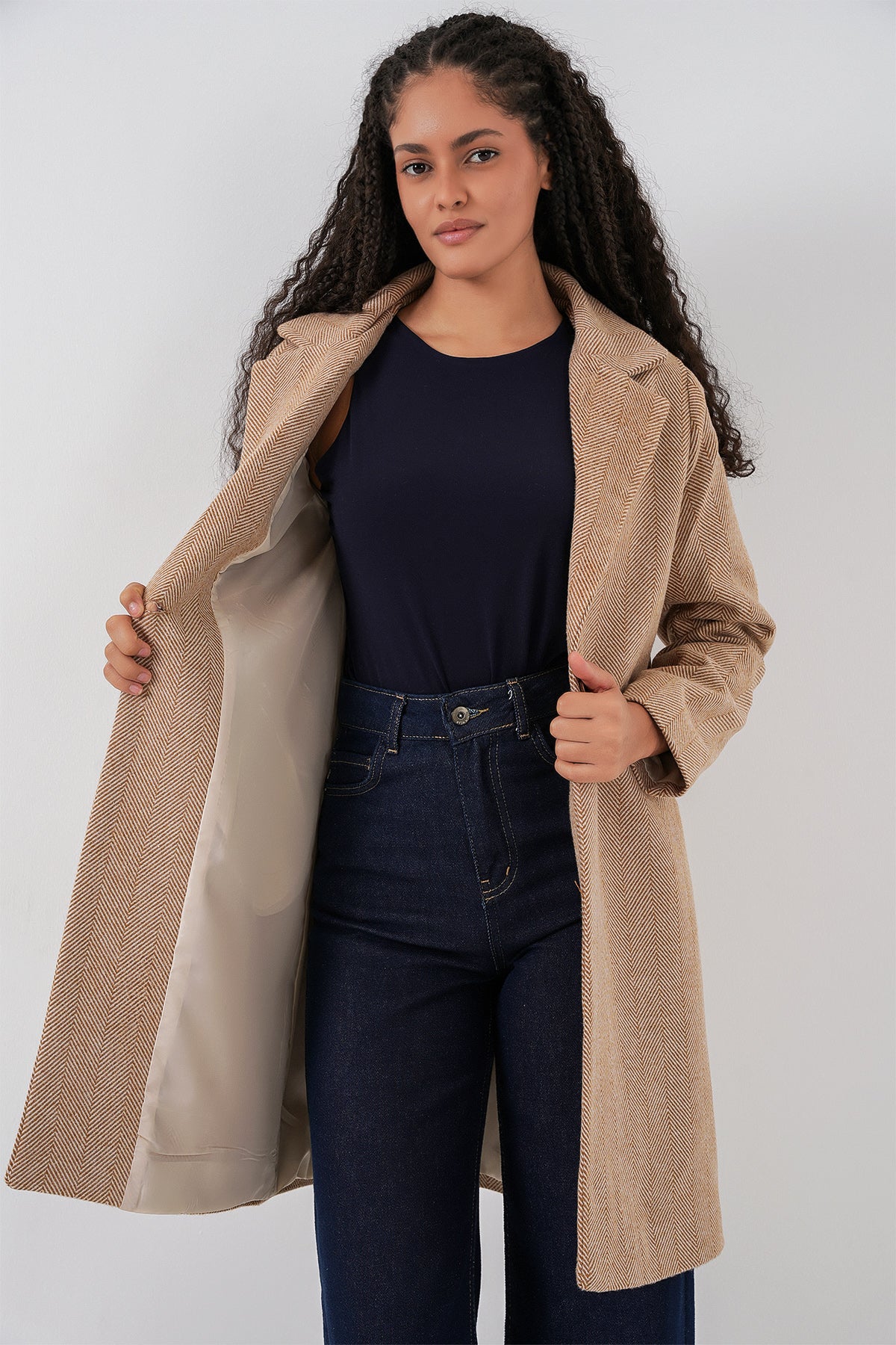 Image of 9085 Herringbone Pattern Cashmere Coat - Camel