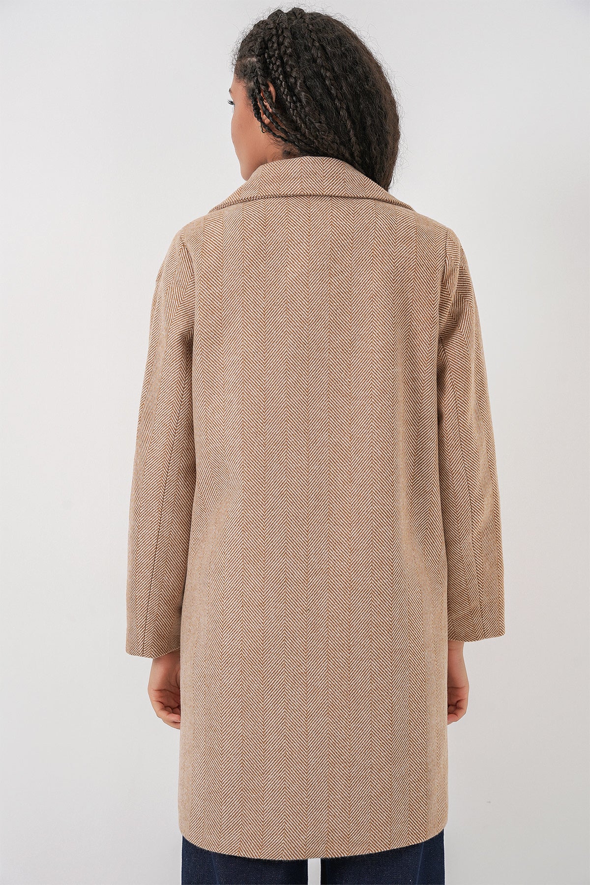 Image of 9085 Herringbone Pattern Cashmere Coat - Camel