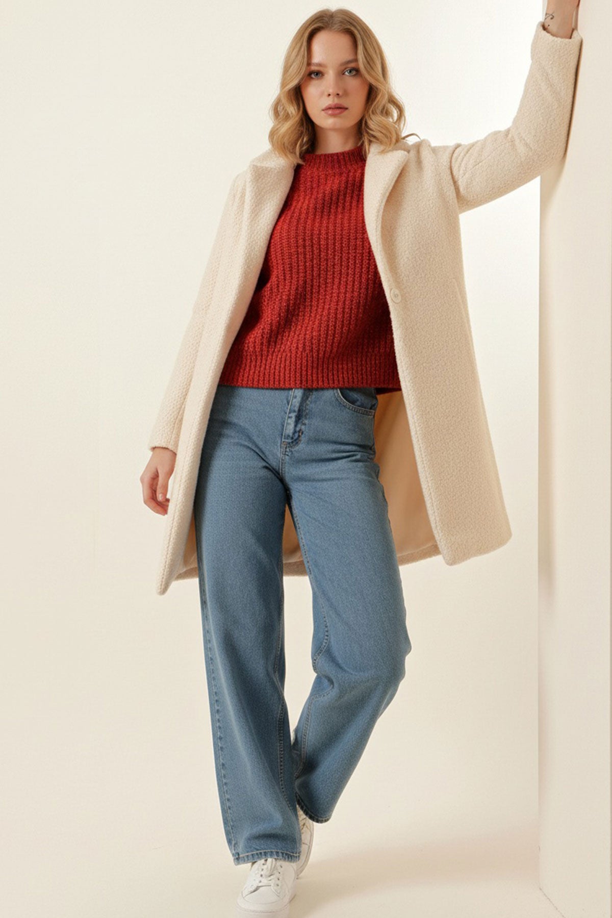 Image of 9085 Kadın Oversize Kaşe Kaban - M. Krem