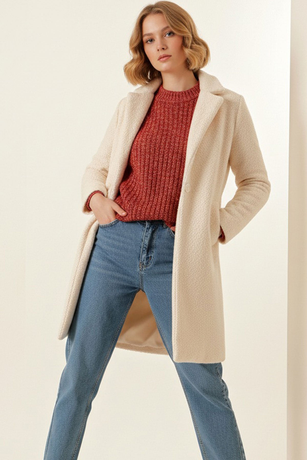 Image of 9085 Kadın Oversize Kaşe Kaban - M. Krem