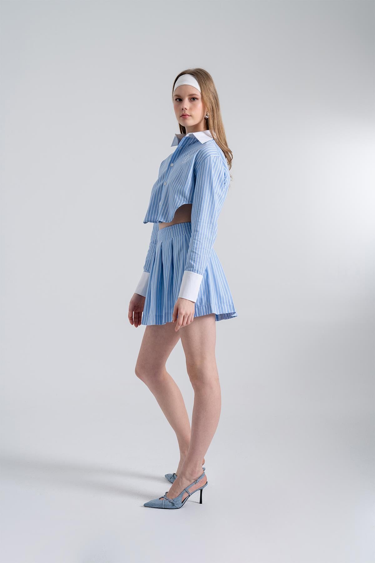 Image of Çizgili Pilili Mini Harmony Poplin Etek Mavi