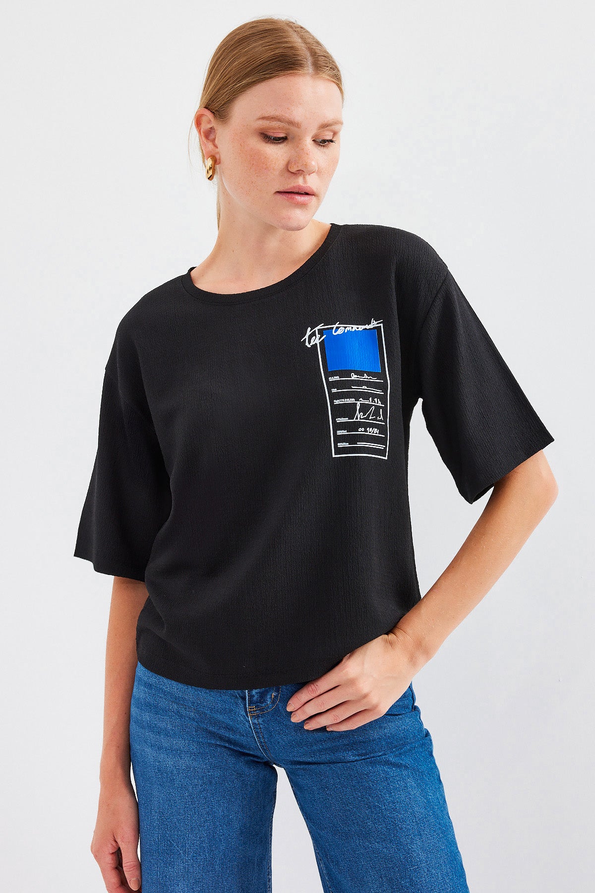 Image of 911 Baskılı Örme Basic Tişört - Siyah