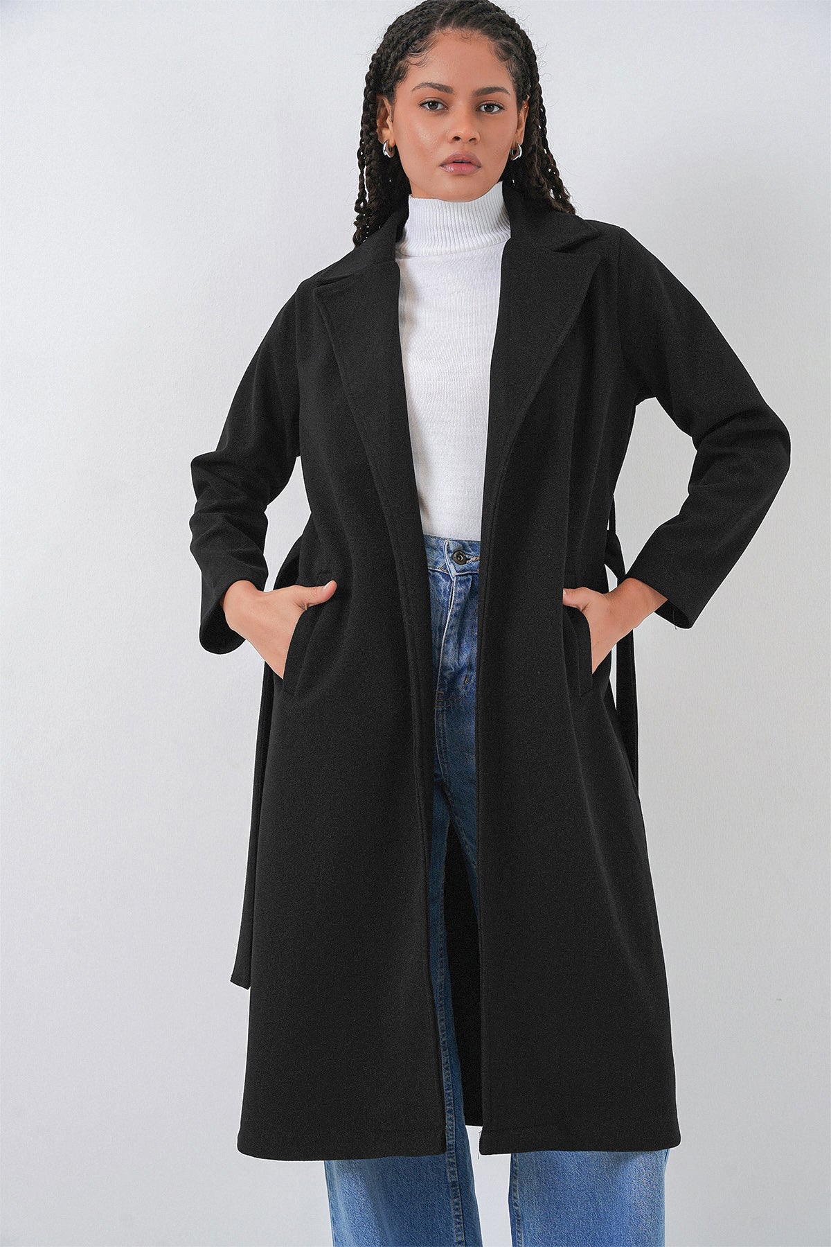 Image of 9118 Kruvaze Yaka Kaşe Kaban - Siyah