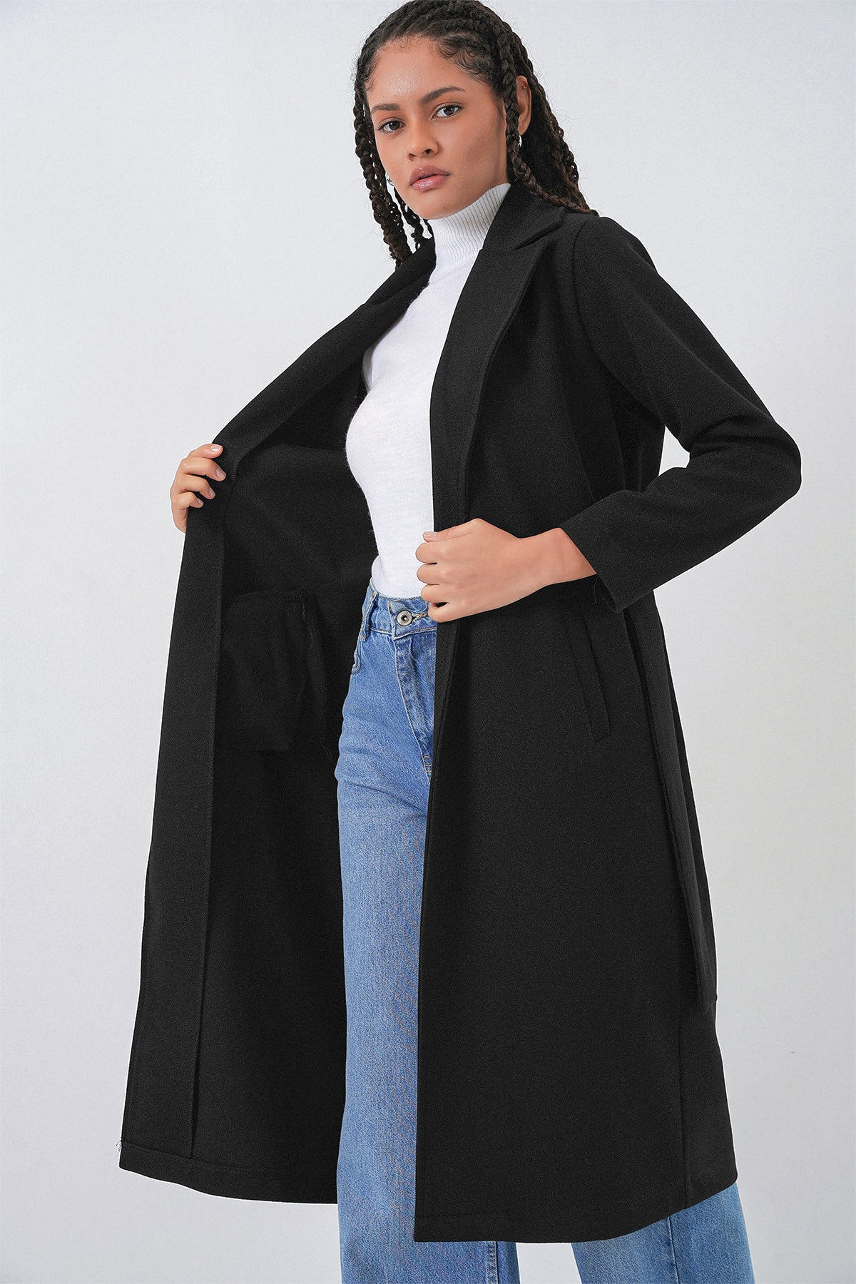 Image of 9118 Kruvaze Yaka Kaşe Kaban - Siyah