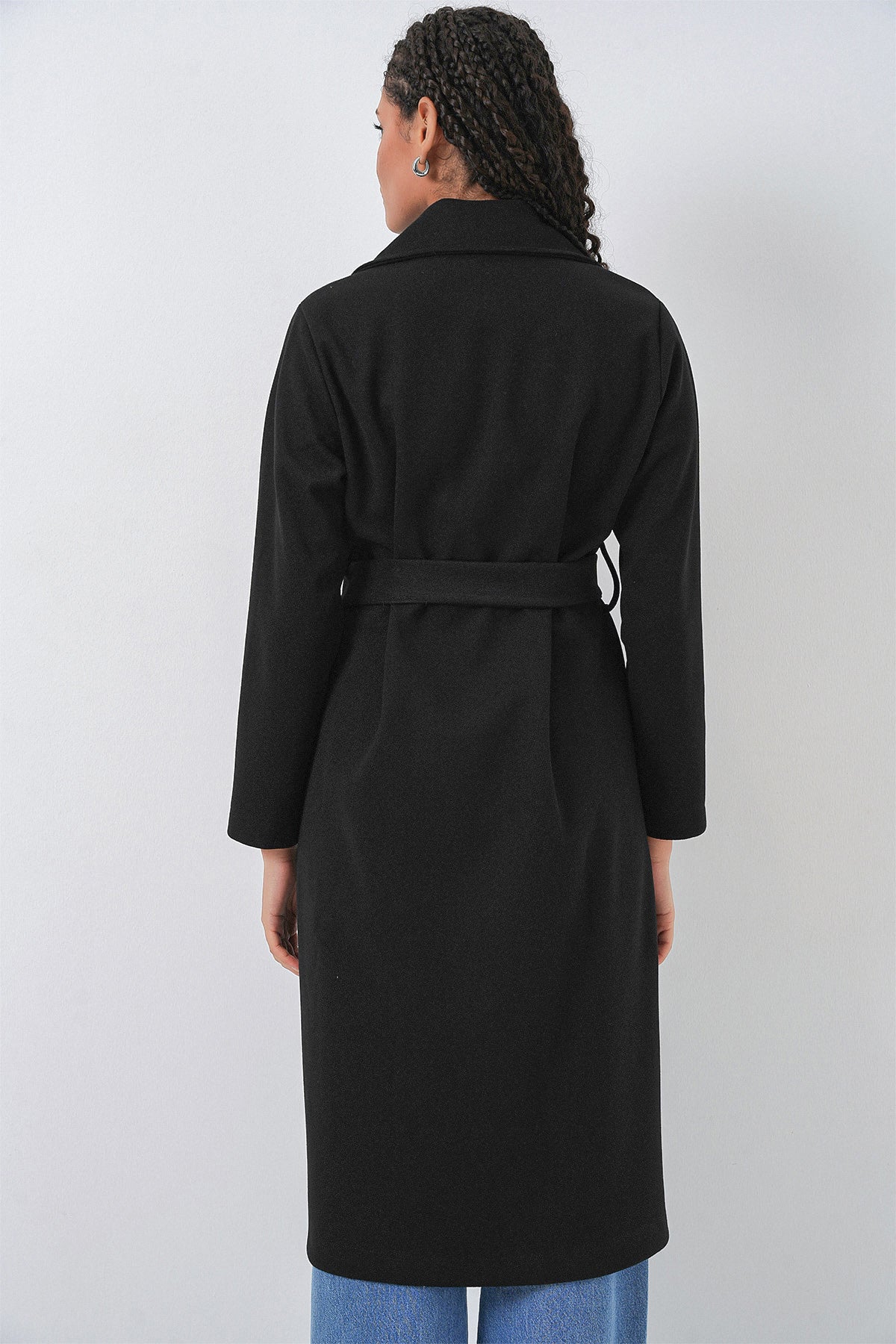Image of 9118 Kruvaze Yaka Kaşe Kaban - Siyah