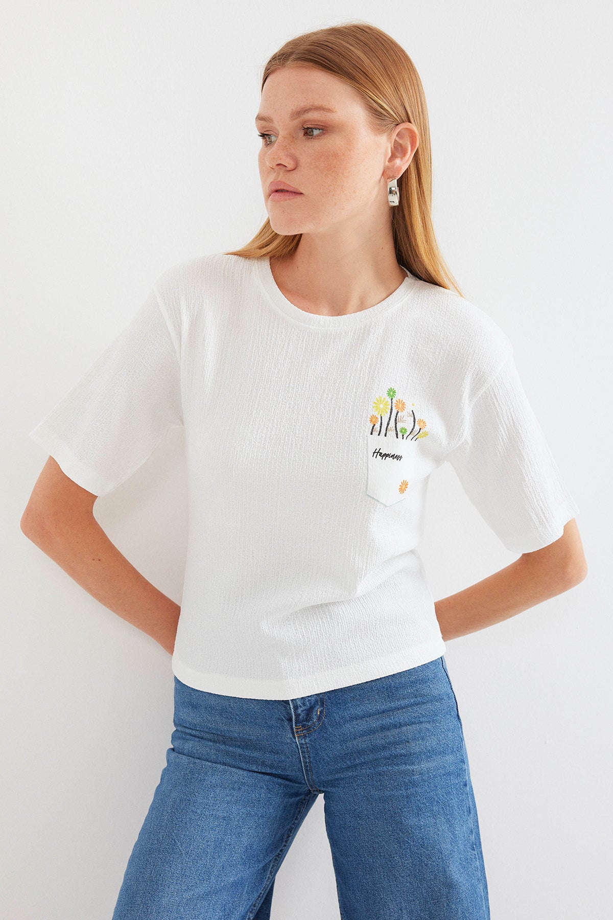 Image of 912 Baskılı Örme Basic Tişört - Beyaz