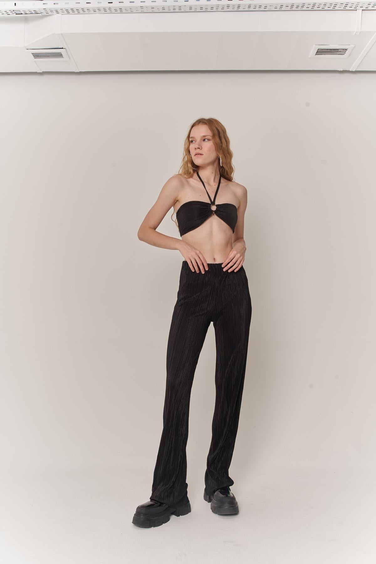 Image of Kadın Siyah Crop Bağlamalı Cardy Bluz