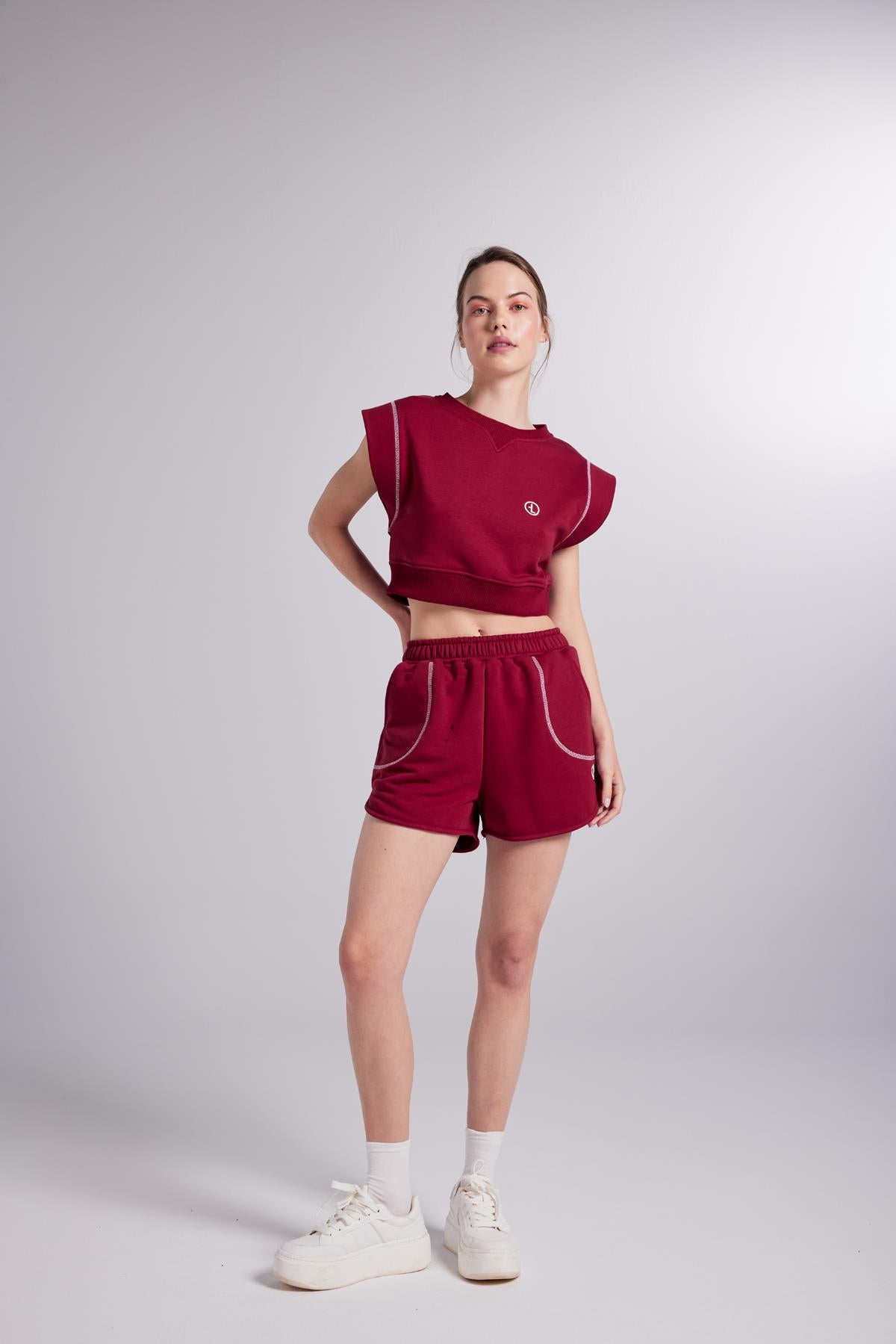 Image of Beli Lastikli Kontrast Dikişli Mini Rhode Şort Bordo