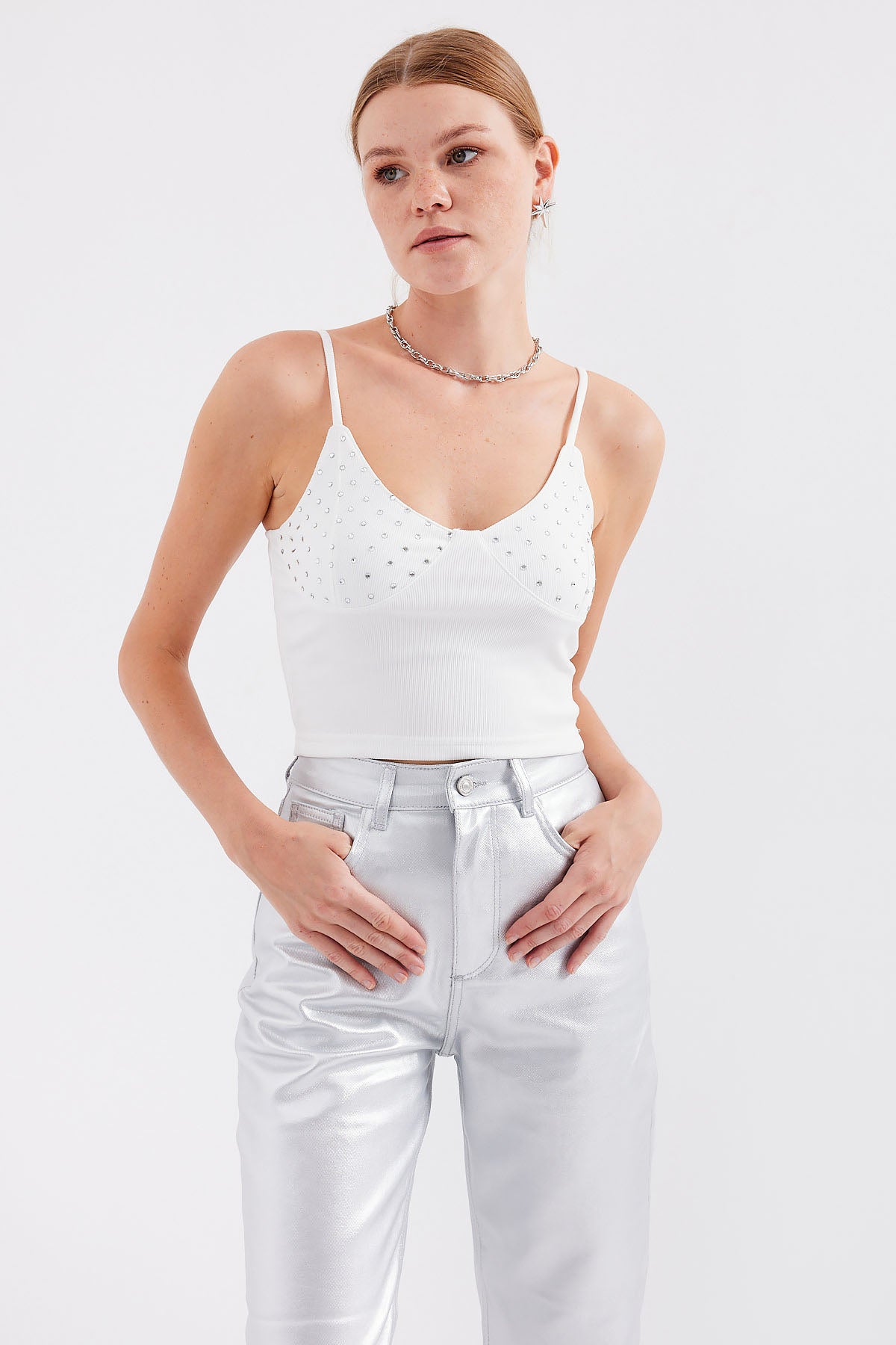Image of 918 İp Askılı Crop Top - Beyaz