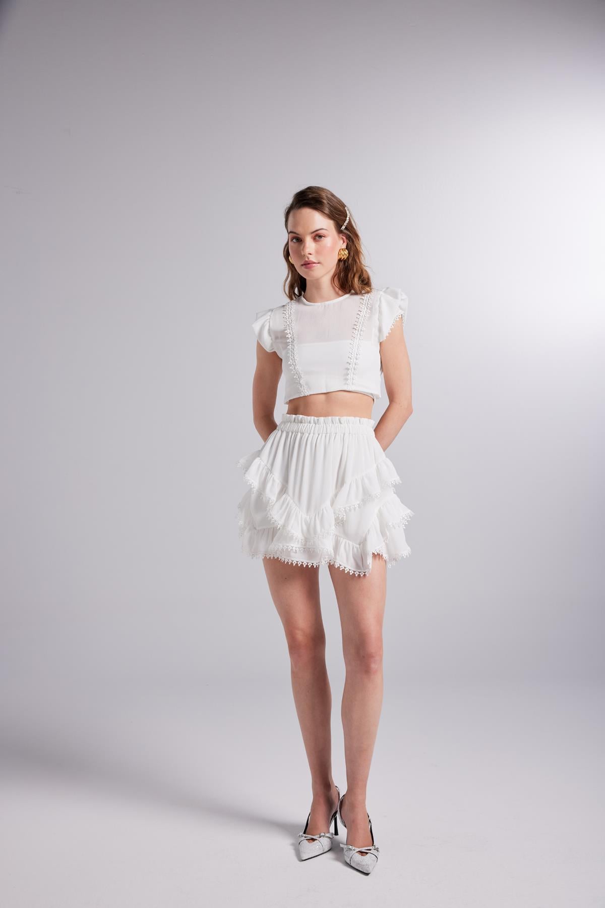 Image of Brode Detaylı Crop Pixie Bluz Beyaz
