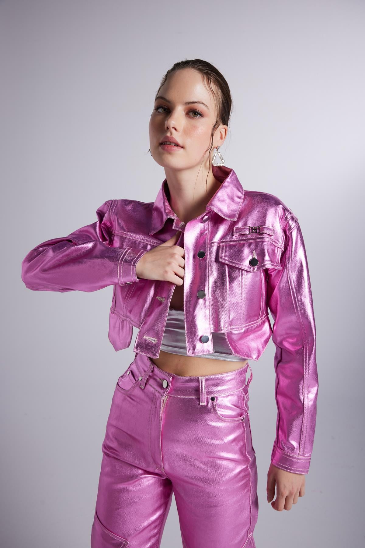 Image of Varak Kaplama Crop Millen Ceket Pembe