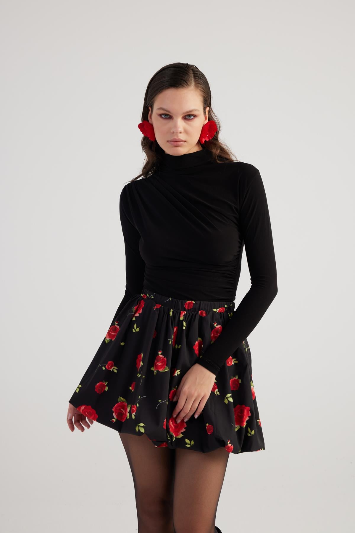 Image of Balon Model Gül Desenli Mini Donna Etek Siyah