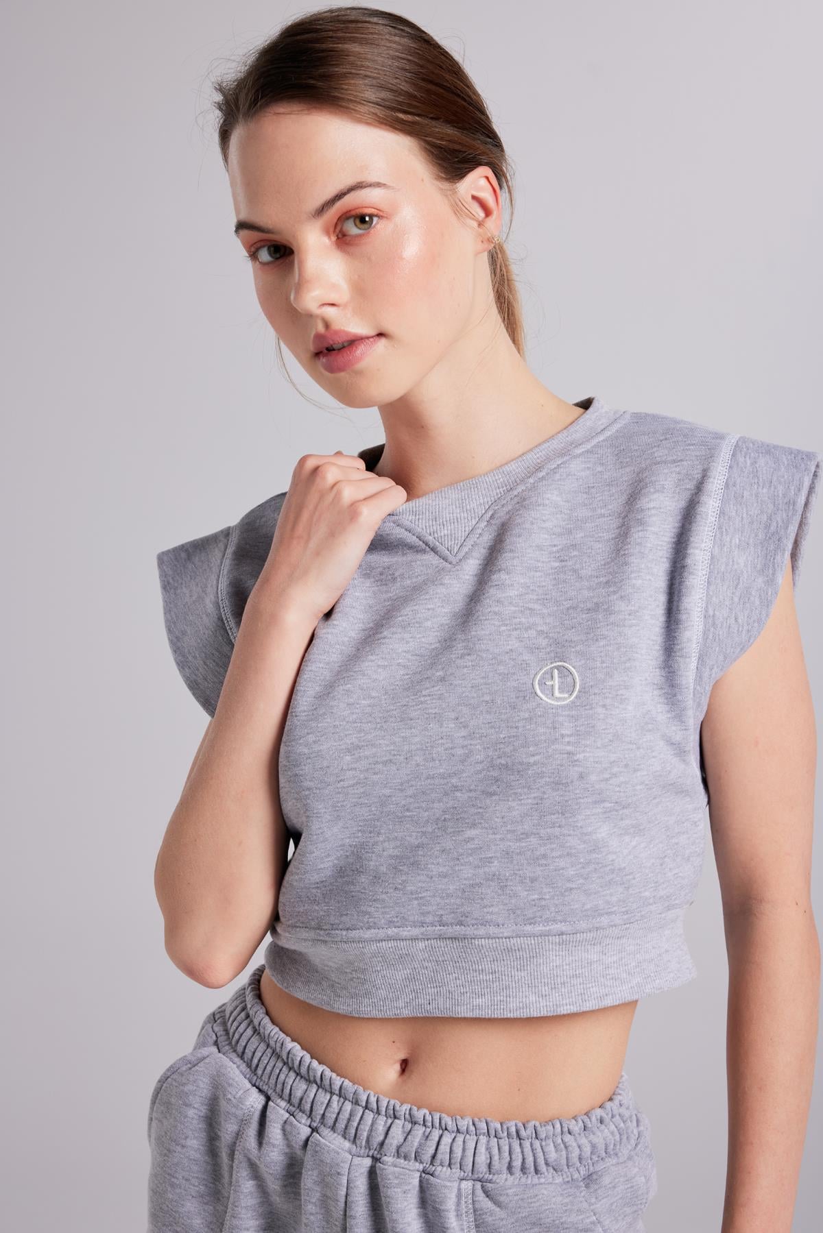 Image of Crop Kesim Kontrast Dikişli Rhode Tshirt Gri