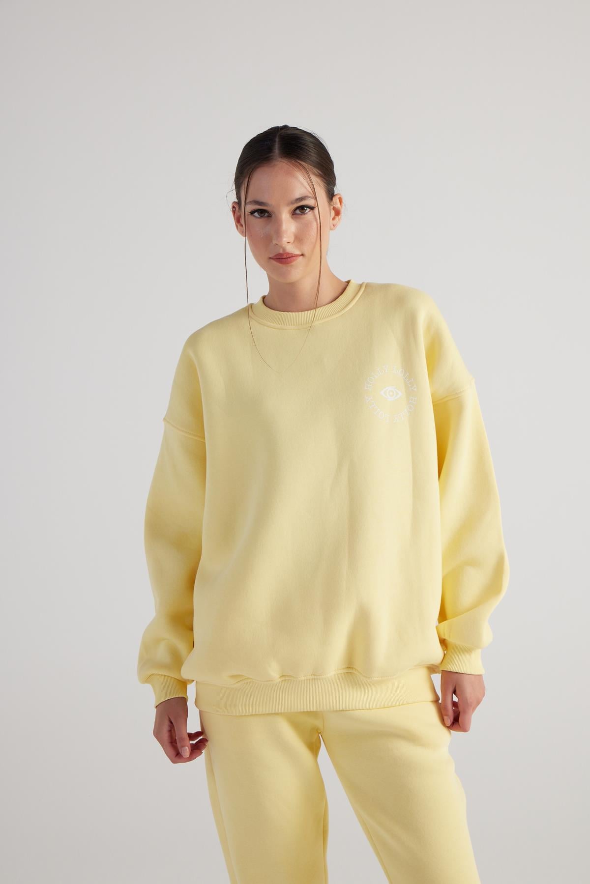Image of 3 İplik Şardonlu Uzun Kol Bisiklet Yaka Fine Sweatshirt Sarı
