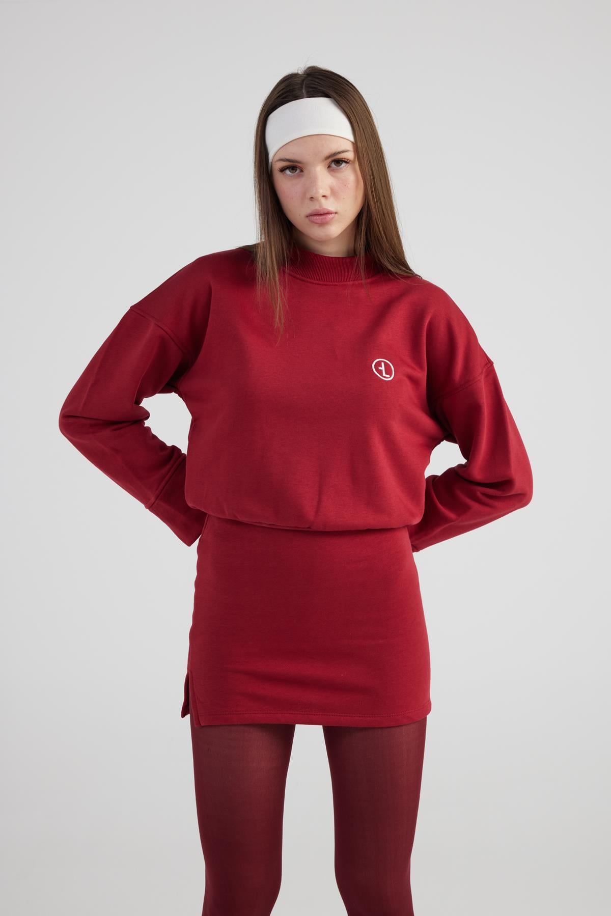Image of Yırtmaçlı Dokuma Kumaş Mini Claire Elbise Bordo