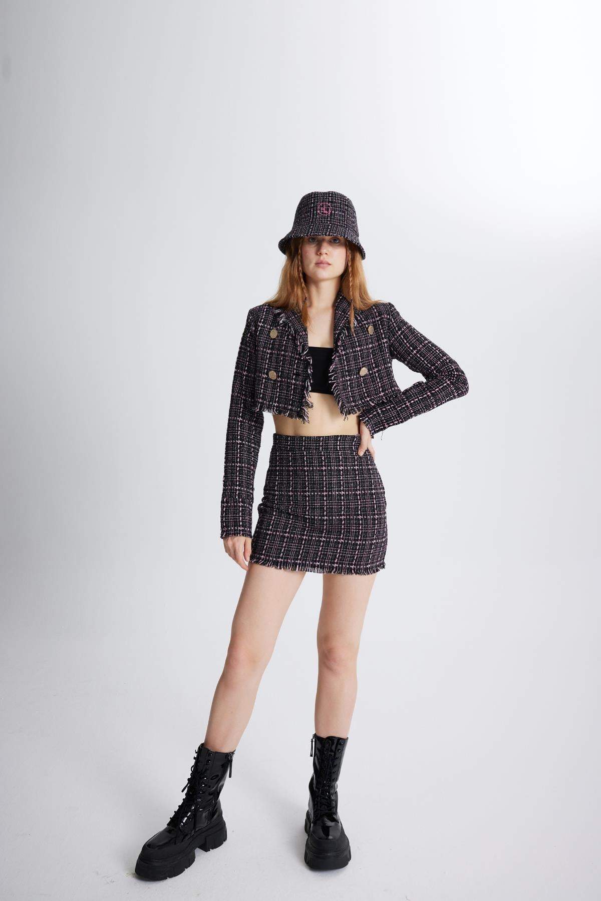 Image of Tüvit Kumaş Crop Tweed Ceket Siyah