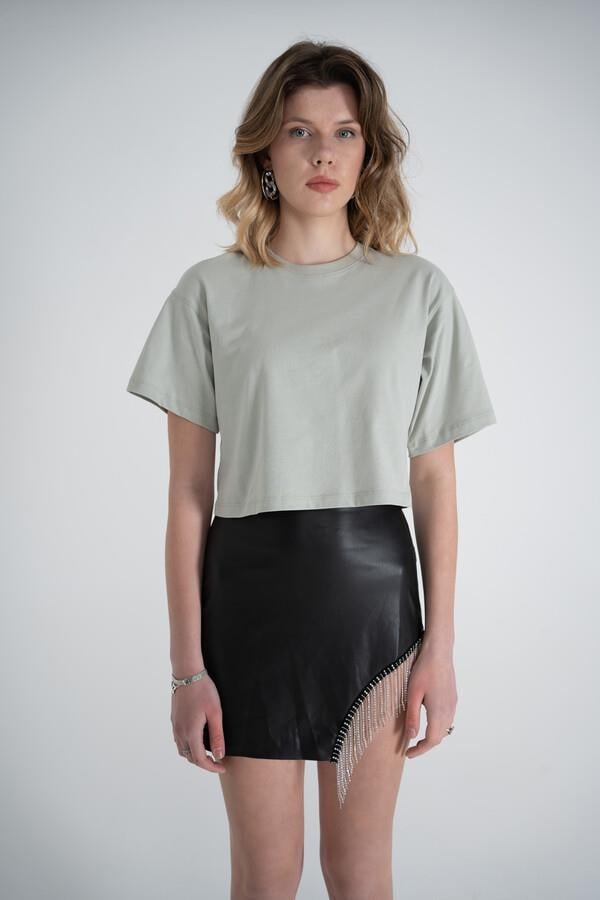 Image of Kısa Kol Bisiklet Yaka Basic Viole Tshirt Haki