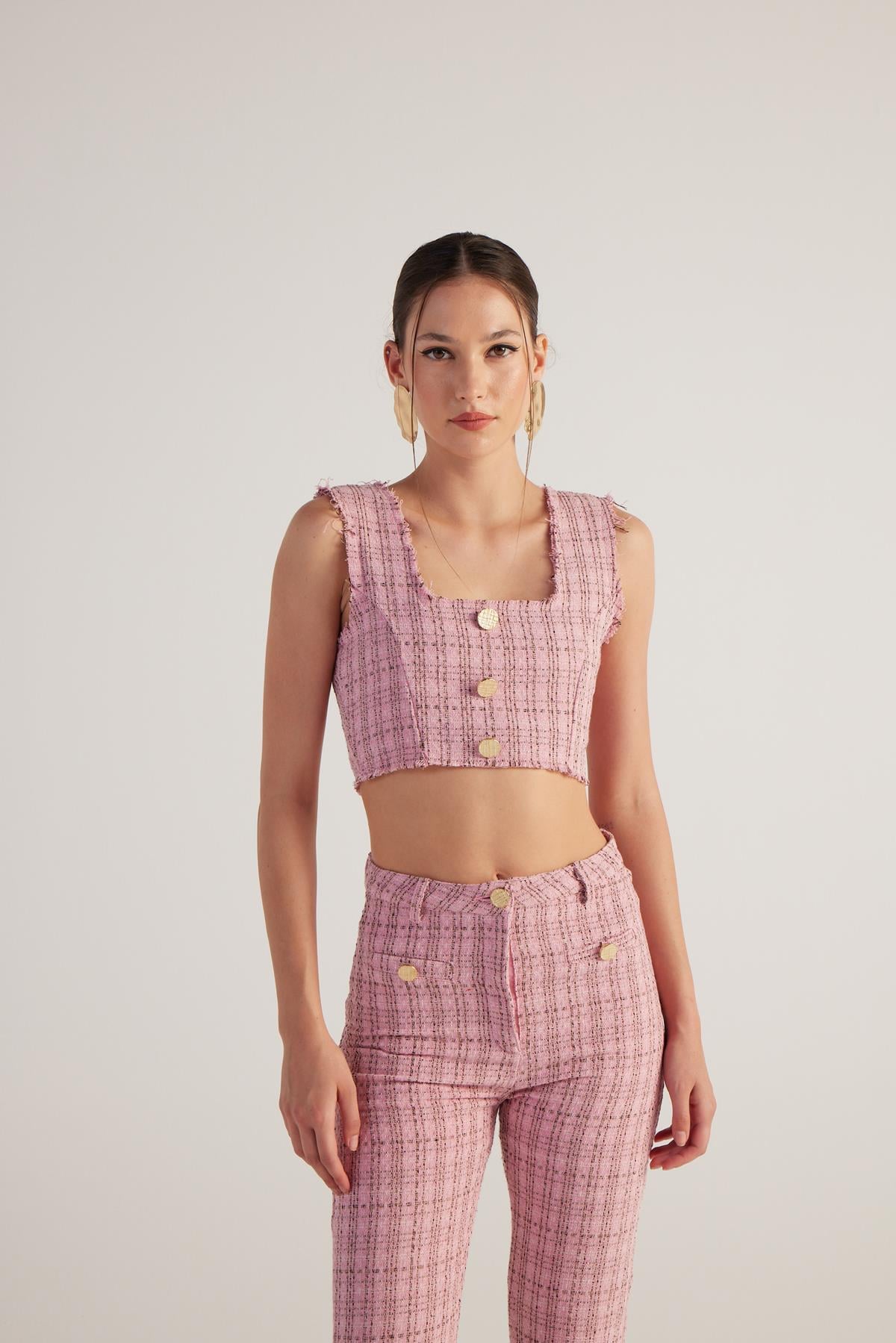 Image of Tüvit Kumaş Crop Tweed Büstiyer Pembe