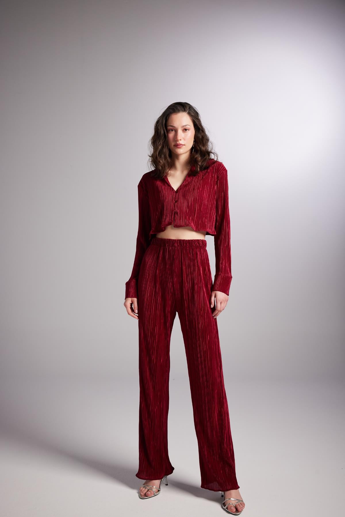 Image of Beli Lastikli Esnek Comfy Pantolon Bordo