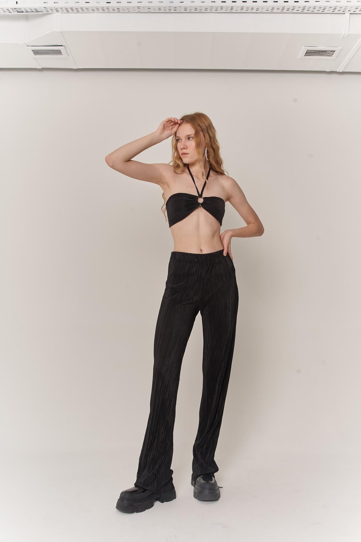 Image of Kadın Siyah Crop Bağlamalı Cardy Bluz