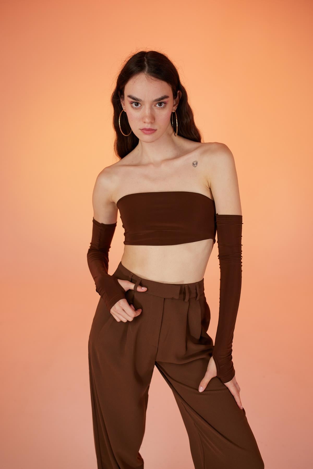 Image of Straplez Model Kol Detaylı Noir Bluz Kahverengi