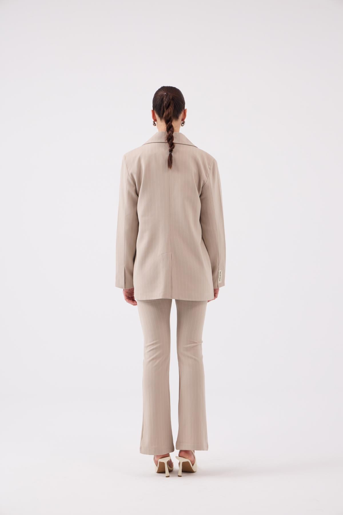 Image of Vatkalı Astarlı Blazer Striped Blazer Ceket Bej