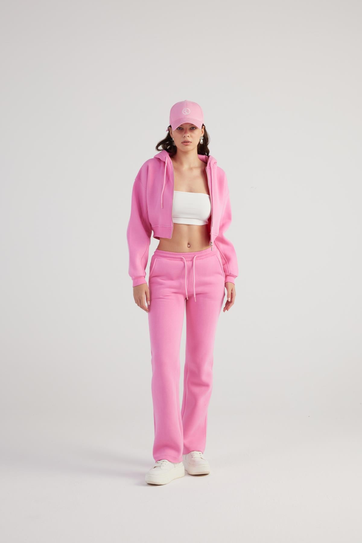 Image of Kadın Pembe Yüksek Bel Straight Kesim Şardonlu Mixed Eşofman Altı
